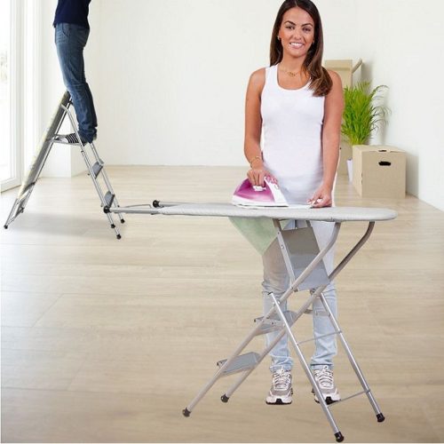 Dual Function Ironing Board with 3-Step Ladder – quality ironing board Nigeria, space-saving design by Cleaneat Integrated Service.