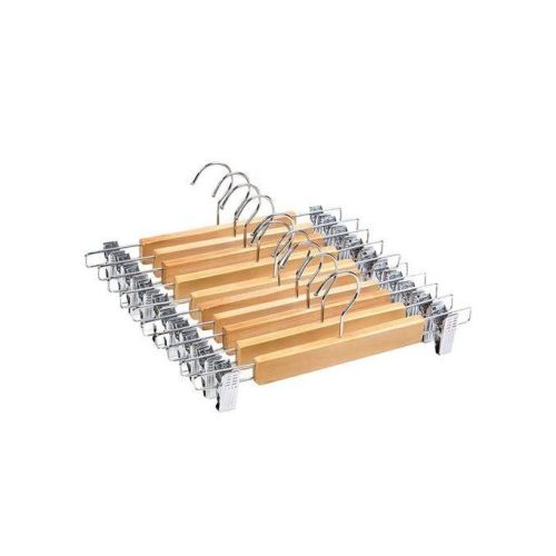 Wooden skirt hangers with adjustable metal clips for skirts and trousers – Cleaneat Integrated Service, Lagos.