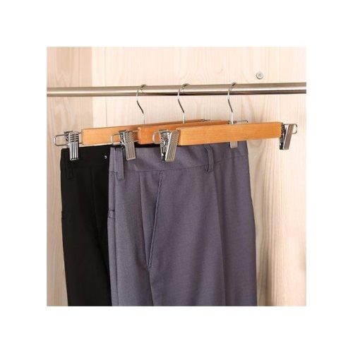 Wooden skirt hangers with adjustable metal clips for skirts and trousers – Cleaneat Integrated Service, Lagos.