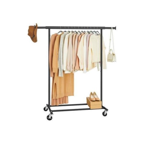LASA Black Extendable Rolling Clothes Rack, heavy-duty and lockable, affordable clothes racks in Lagos by Cleaneat Integrated Service.