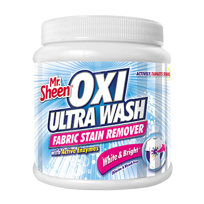 Mr Sheen Oxi Ultra Wash 400g for white fabrics – stain remover powder supplied by Cleaneat, ideal for Lagos homes.