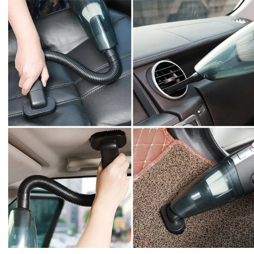 Person using a handheld car vacuum cleaner to easily clean dirt from under car seats.