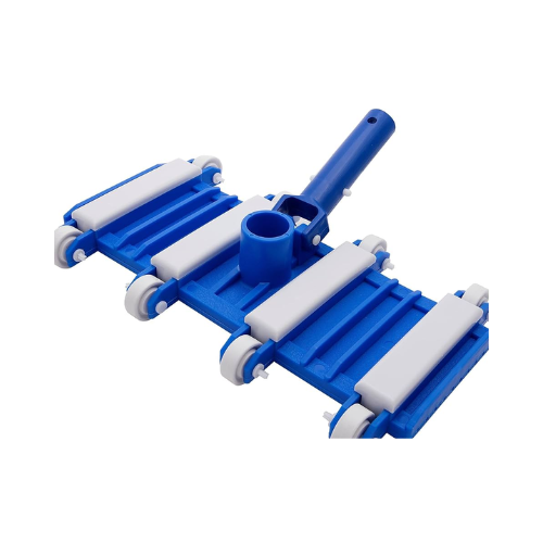 Durable flexible vacuum head attached to pool hose for efficient tiled pool cleaning