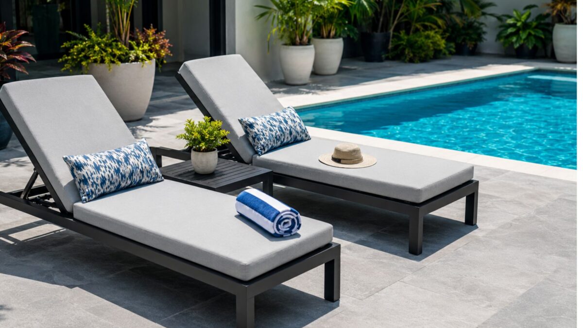 Chlorine resistant pool furniture materials by swimming pool