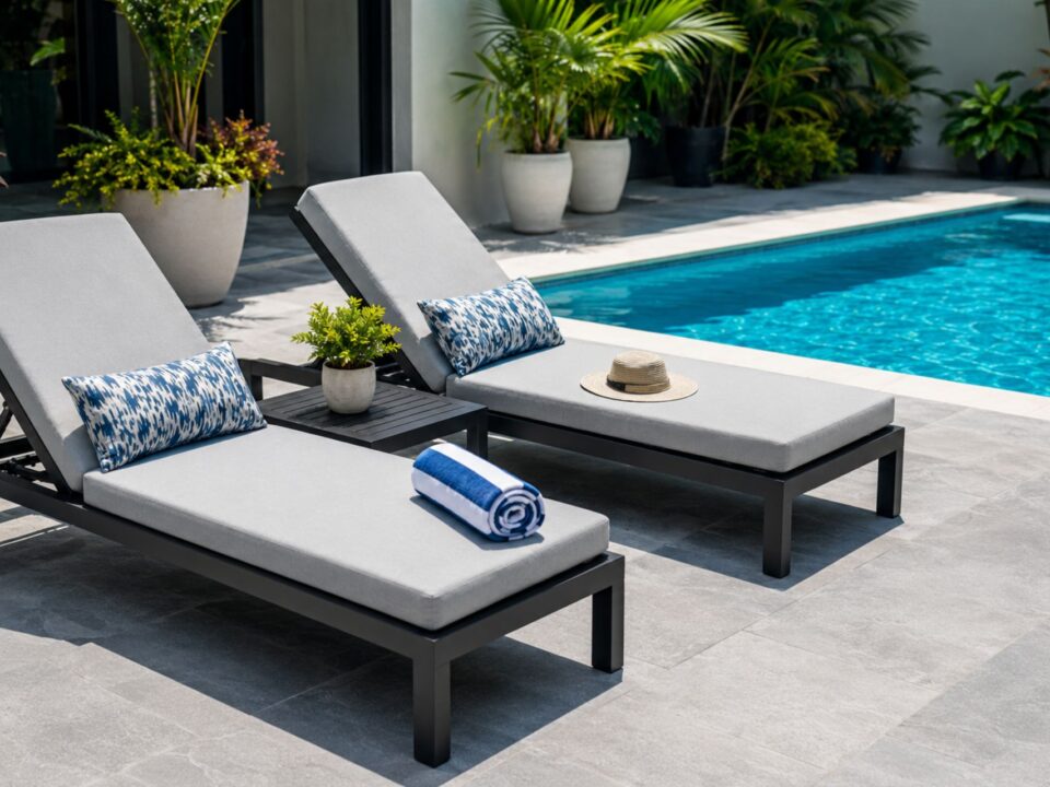 Chlorine resistant pool furniture materials by swimming pool