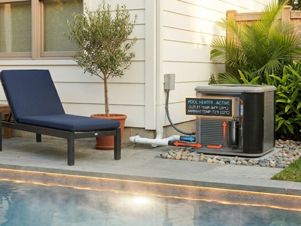 Pool heater working to maintain water temperature