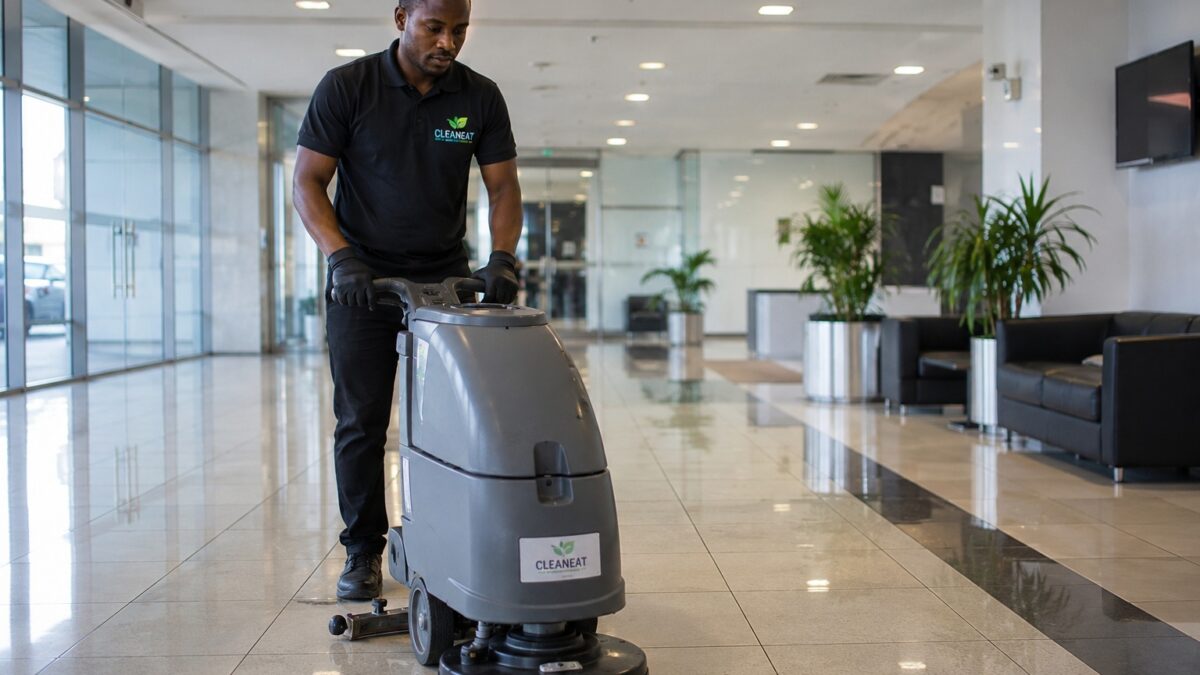 Commercial floor scrubber cleaning tile floor quickly