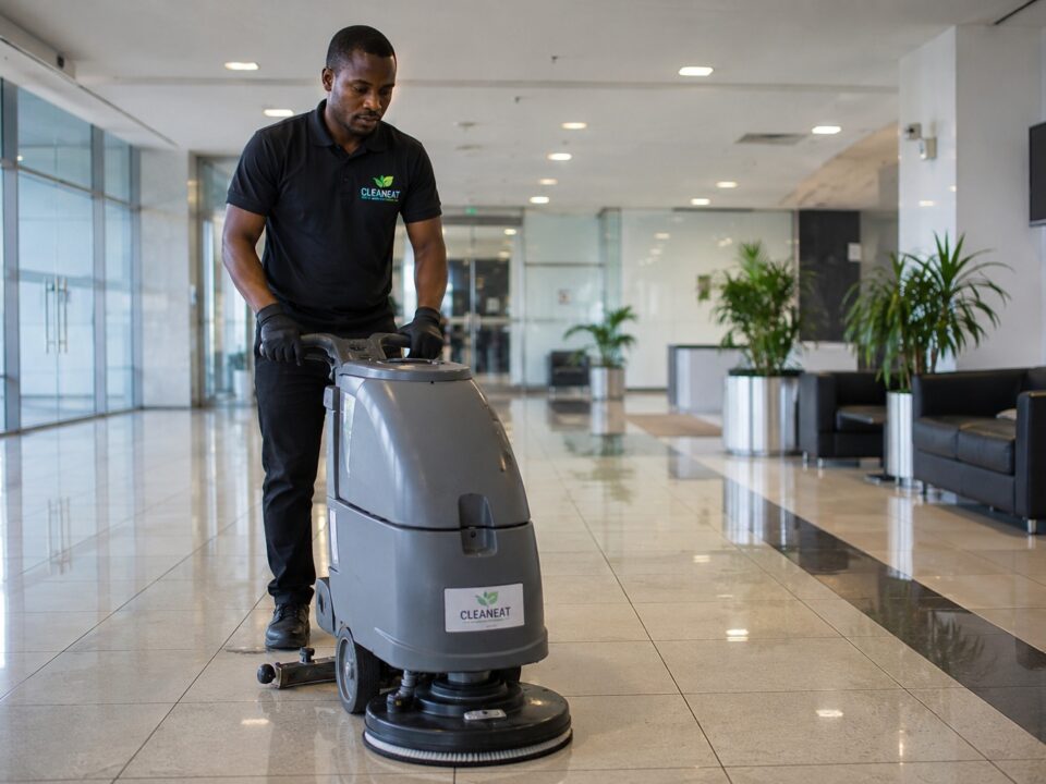 Commercial floor scrubber cleaning tile floor quickly