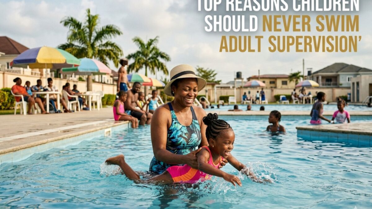 Parent supervising children at a swimming pool demonstrating supervised swimming safety practices