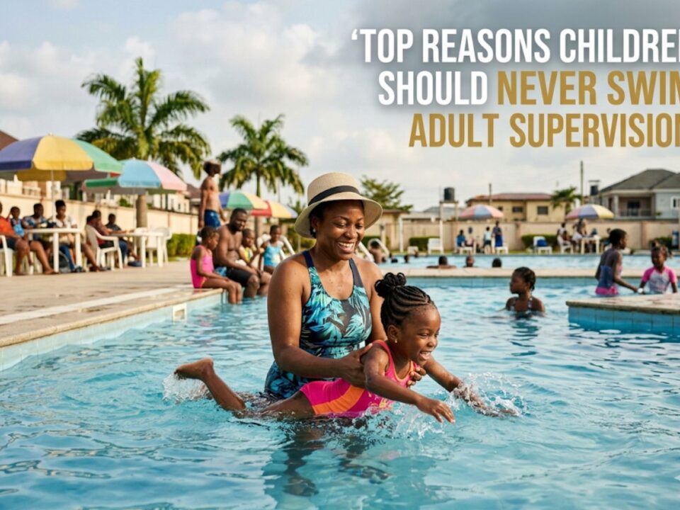 Parent supervising children at a swimming pool demonstrating supervised swimming safety practices