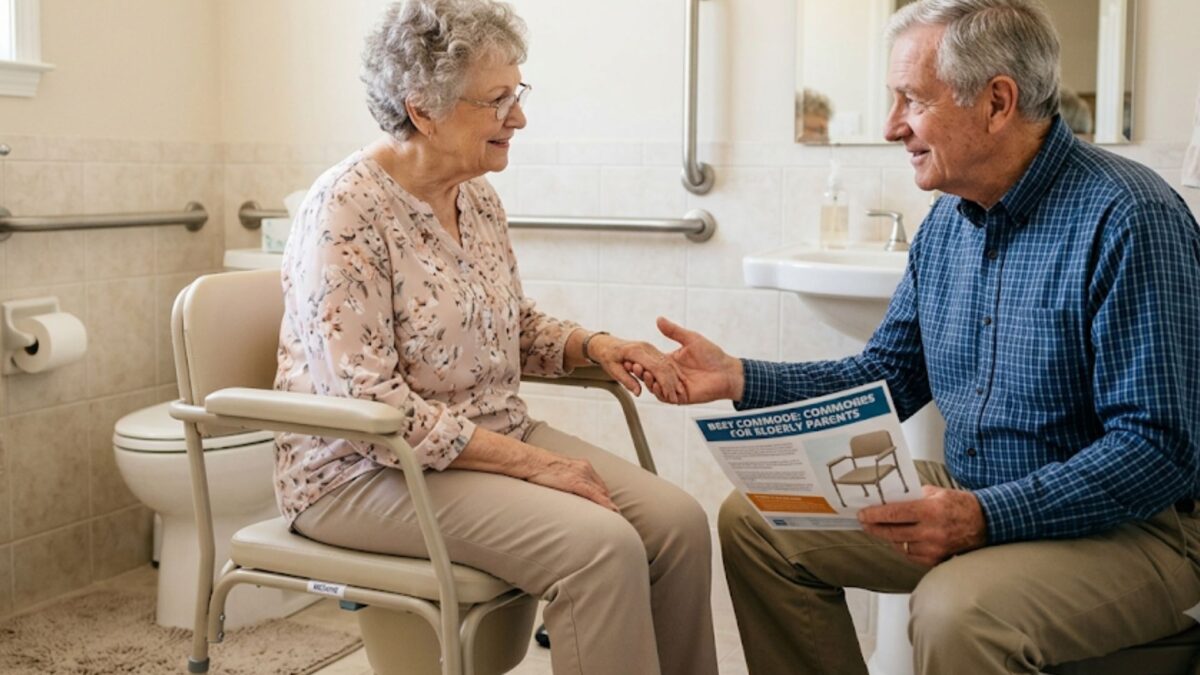 Elderly woman comfortably using a bedside commode chair with caregiver assistance in a well-lit bedroom.