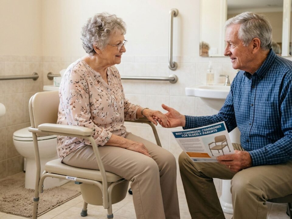 Elderly woman comfortably using a bedside commode chair with caregiver assistance in a well-lit bedroom.
